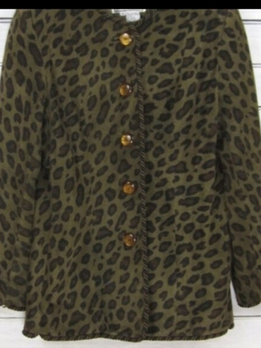 Carlisle 100% Suede Olive Green Leopard-Print Button Front  Coat